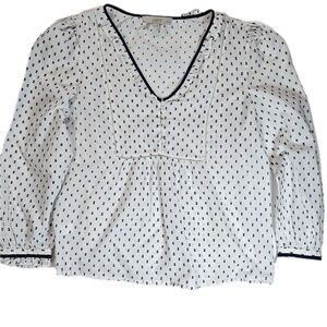 LOFT Blouse Womens Medium Petite White‎ Navy Dot Long Sleeve Ruffle Boho Top